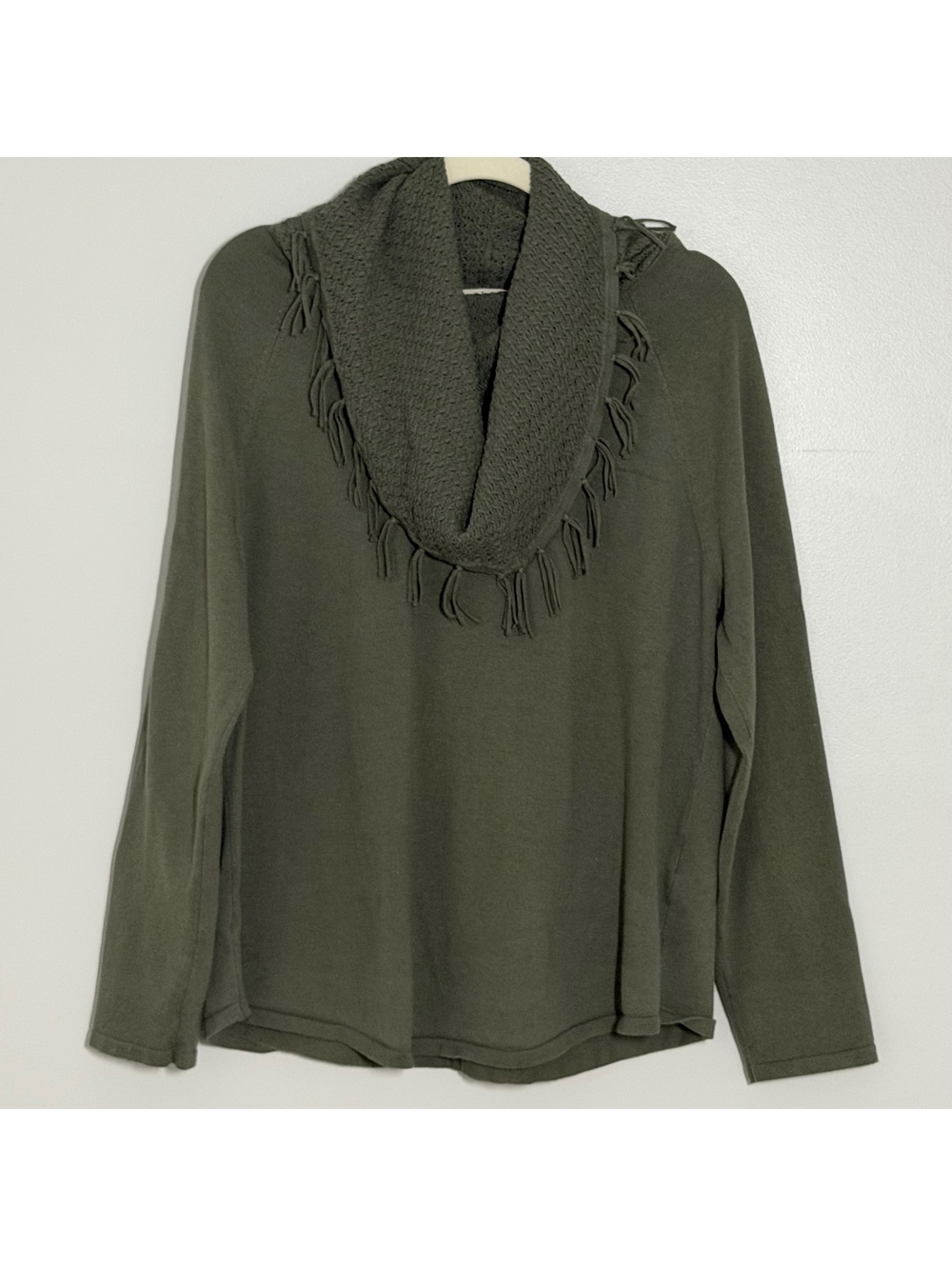 Style & Co Olive Green Fringe Cowl Neck Sweater XL Long Sleeve Knit Top